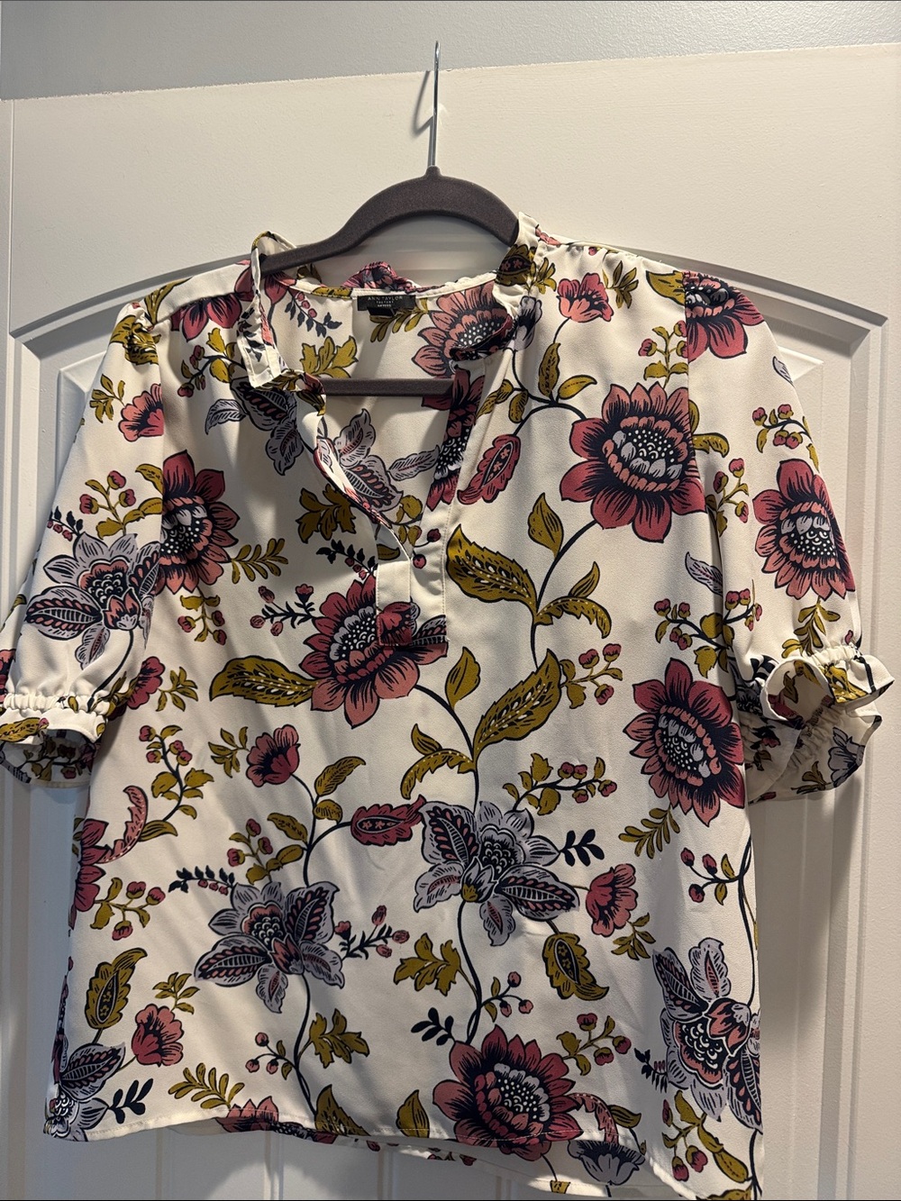 Ann Taylor Factory Floral V-Neck Blouse in Cream with Pink & Olive